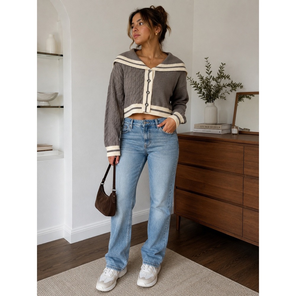 J.ING Cable Knit Sailor Collar Cropped Sweater Gray Cream One Size